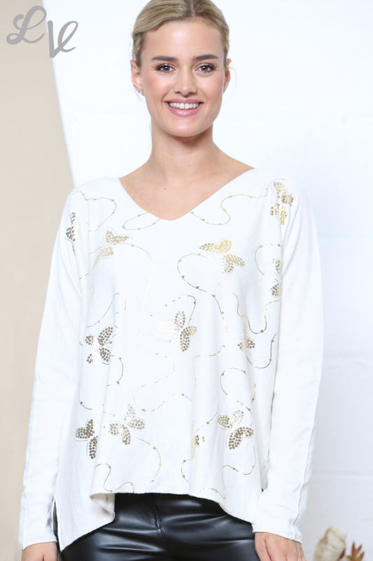 Dames Gouden Folie Vlinder Swirl Detail Trui Top Wit