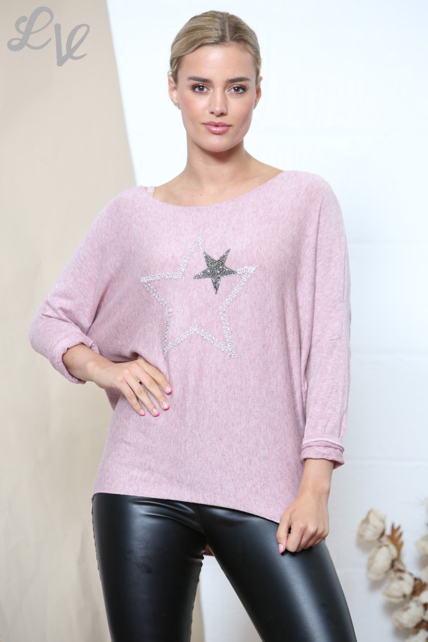 Ladies Stars Sparkle Fine Knit Jumper Top Dusty Pink