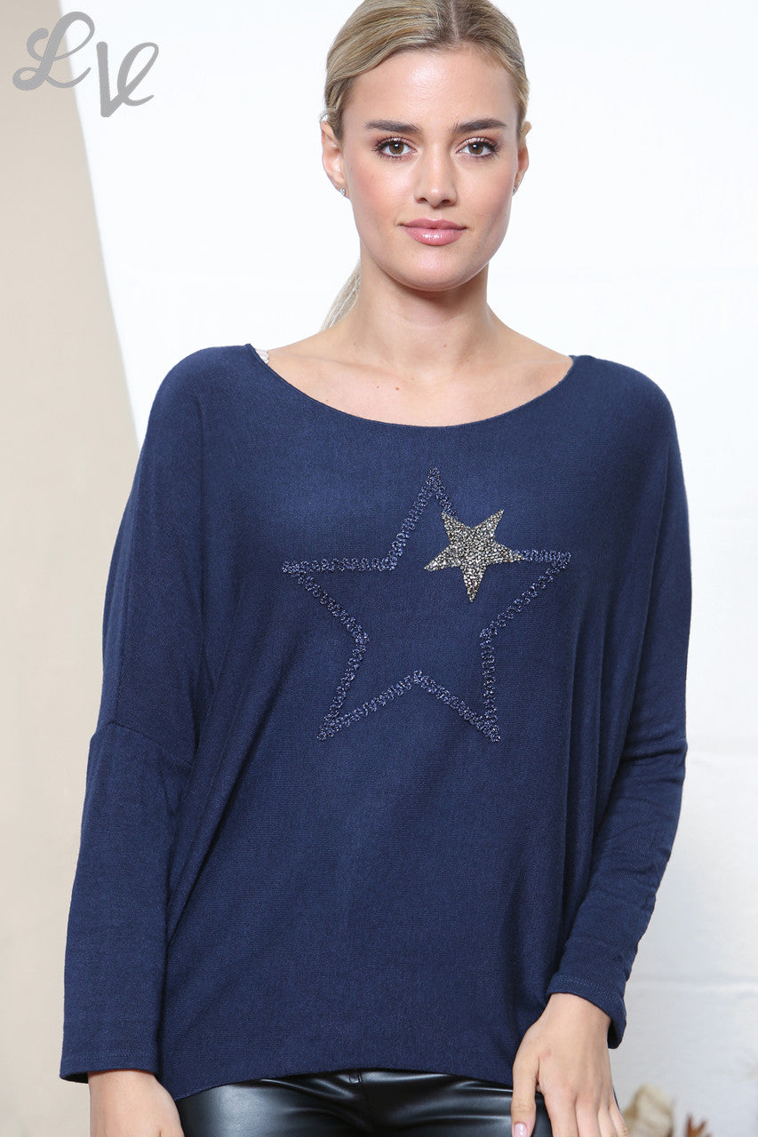 Ladies Stars Sparkle Fine Knit Jumper Top Navy