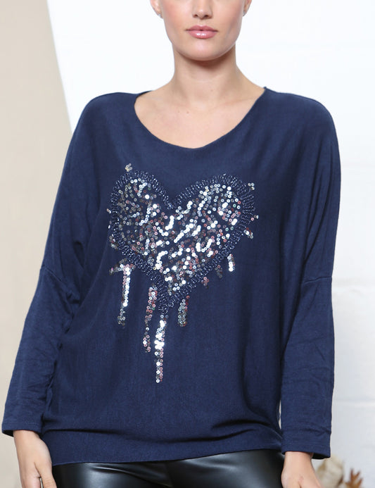 TRUI MET PAILLETTEN HART MARINEBLAUW