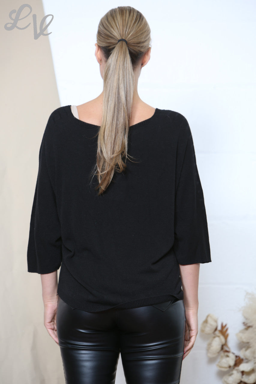 Ladies Stripe Imprint Fine Knit Jumper Top Black