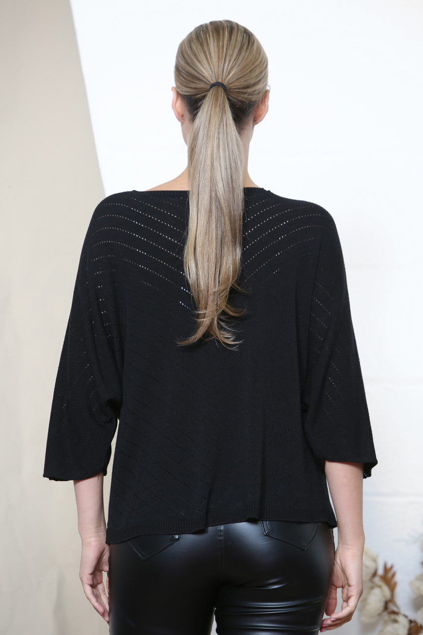 Ladies Stripe Cut Out Fine Knit Jumper Top Black