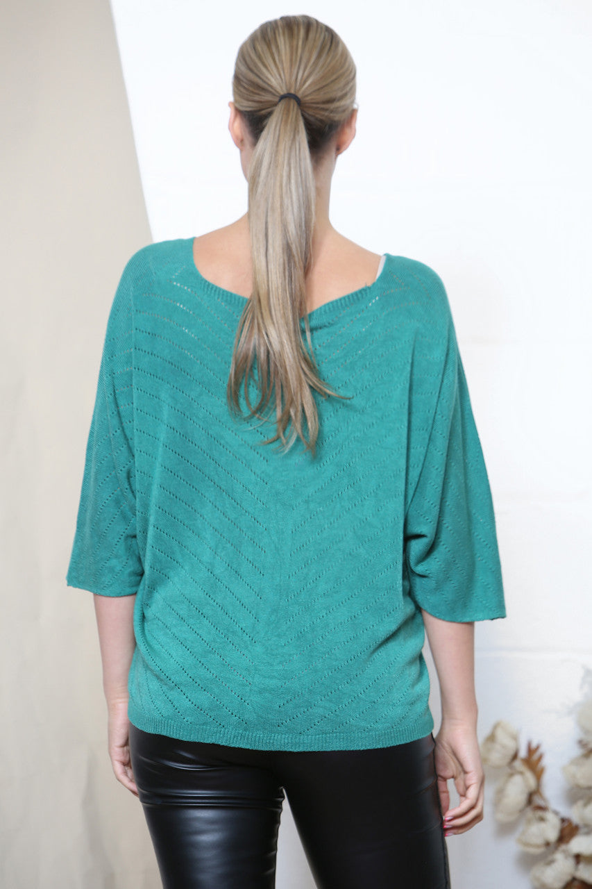 Ladies Stripe Cut Out Fine Knit Jumper Top Green
