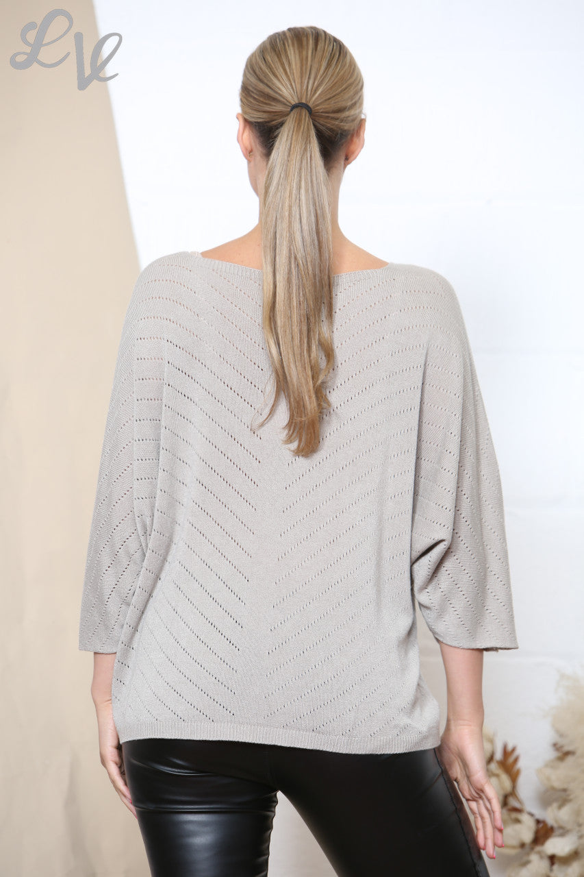 Ladies Stripe Cut Out Fine Knit Jumper Top Stone