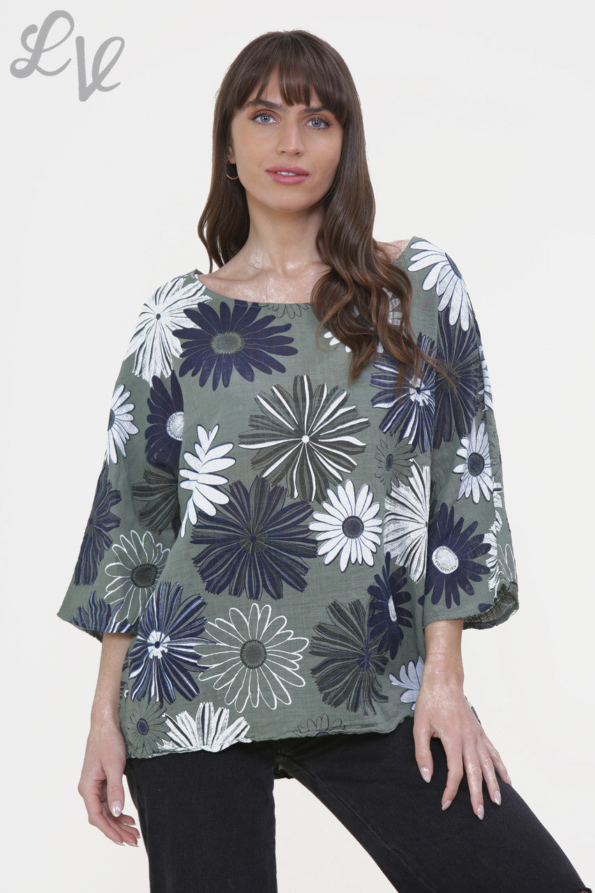 Ladies Floral Mix Print Box Top Khaki