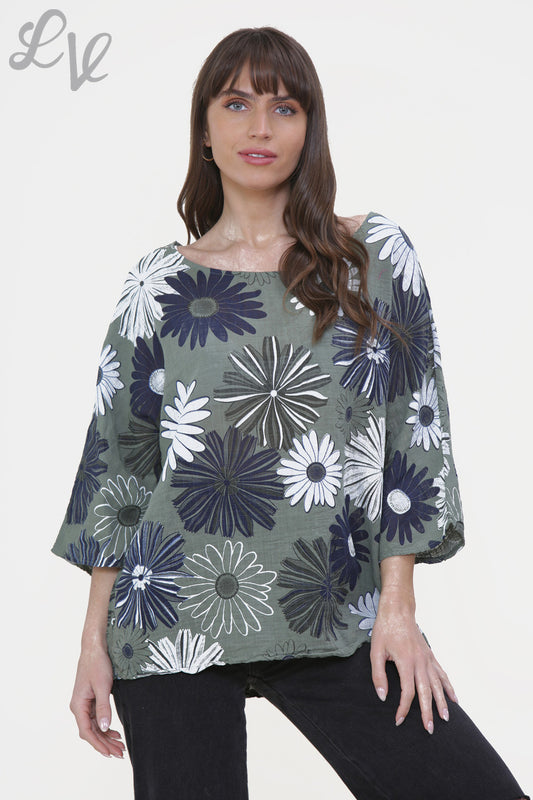 Ladies Floral Mix Print Box Top Khaki