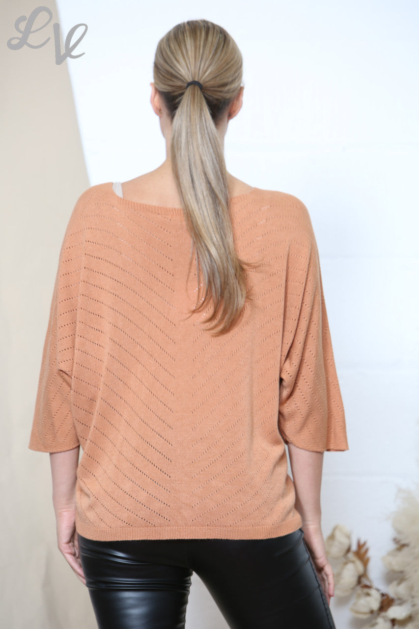 Ladies Stripe Cut Out Fine Knit Jumper Top Tan