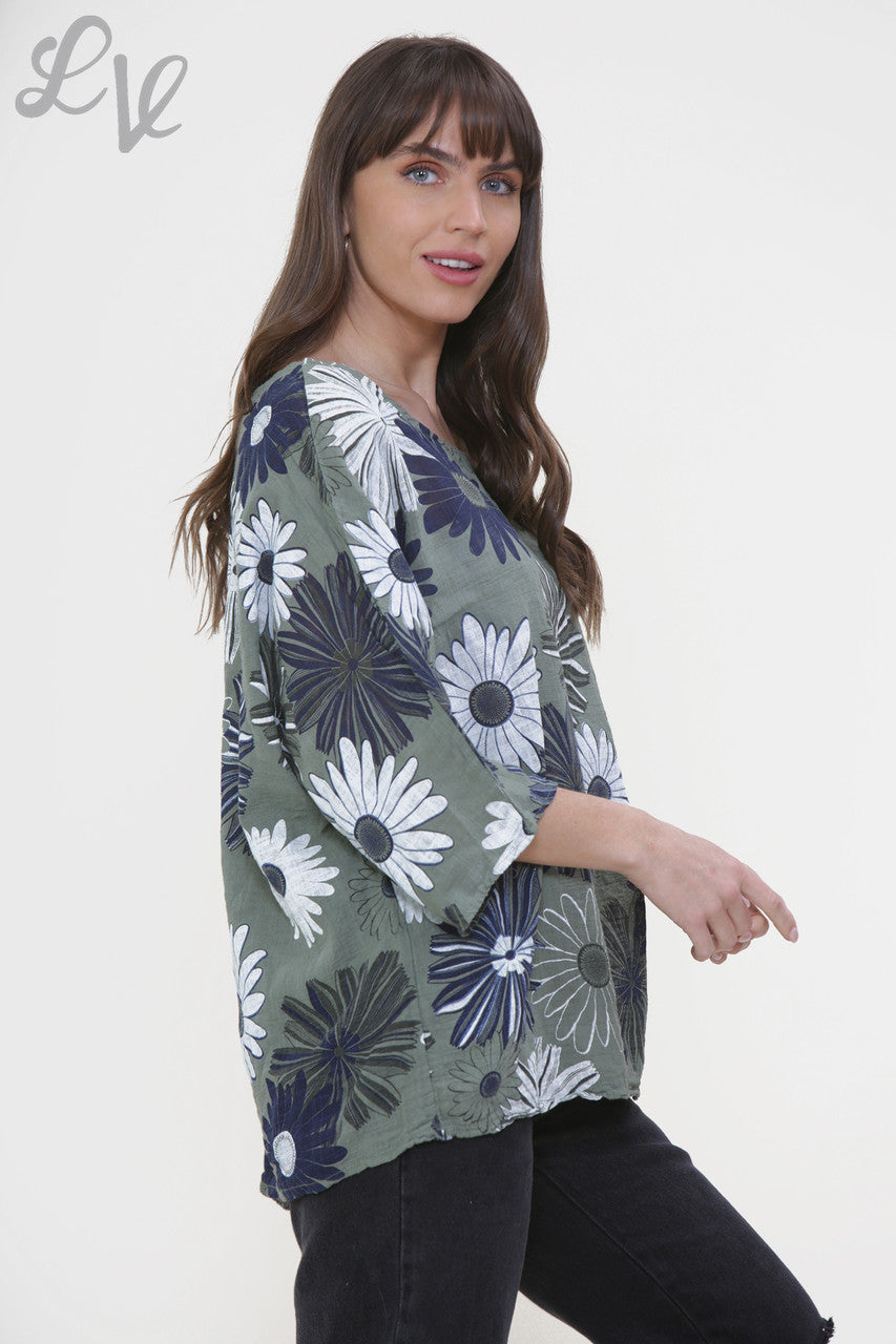 Ladies Floral Mix Print Box Top Khaki