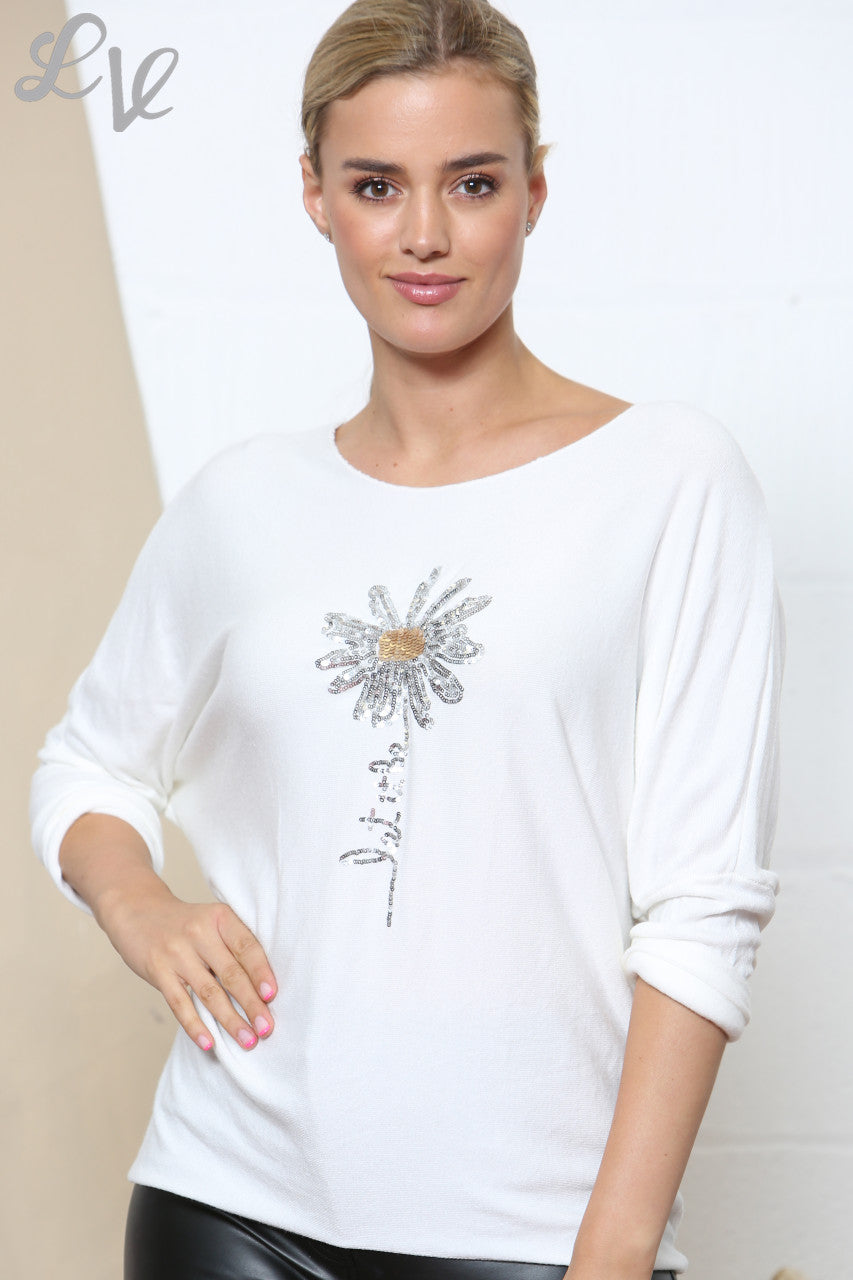 Ladies Sparkle Glitter Flower Fine Knit Jumper Top White