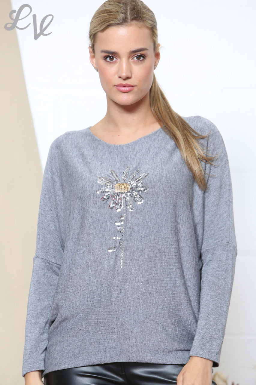 Ladies Sparkle Glitter Flower Fine Knit Jumper Top Grey