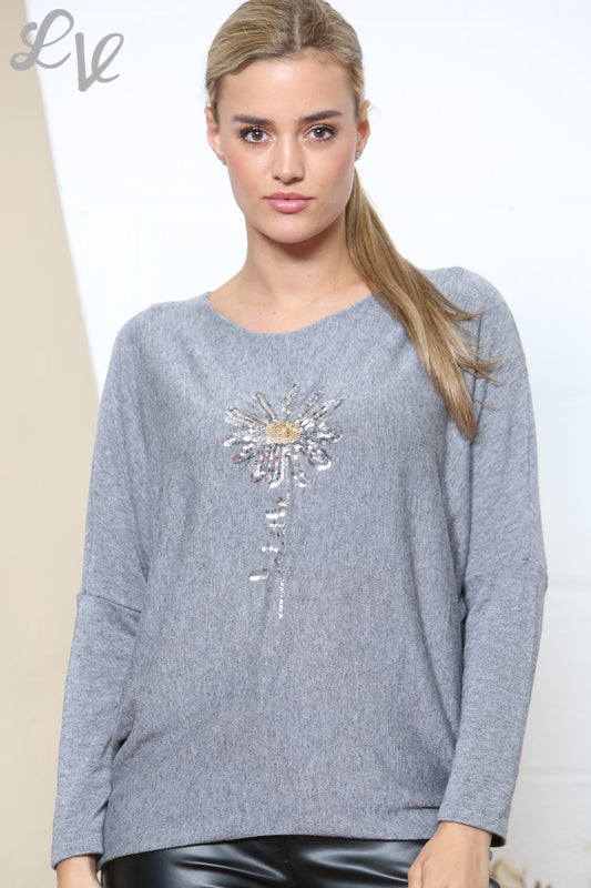 Dames Sparkle Glitter Bloemen Fijngebreide Trui Top Grijs