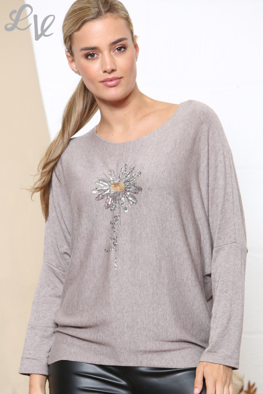 Ladies Sparkle Glitter Flower Fine Knit Jumper Top Taupe