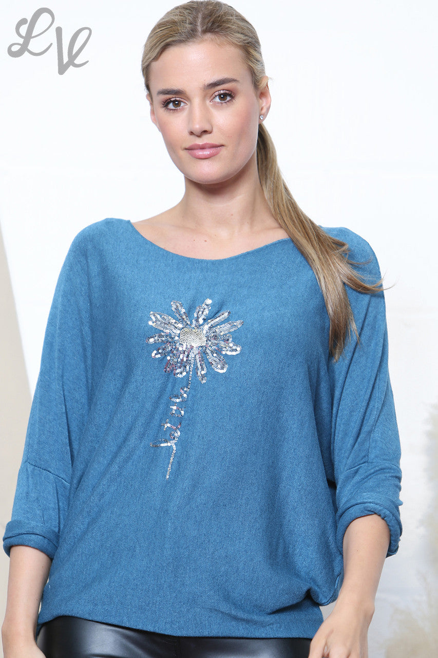 Dames Sparkle Glitter Bloemen Fijngebreide Trui Top Teal