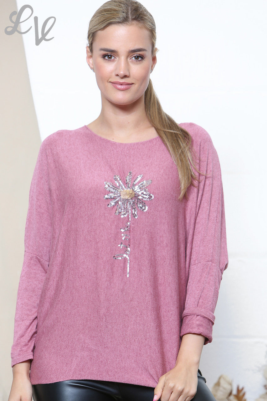 Ladies Sparkle Glitter Flower Fine Knit Jumper Top Pink