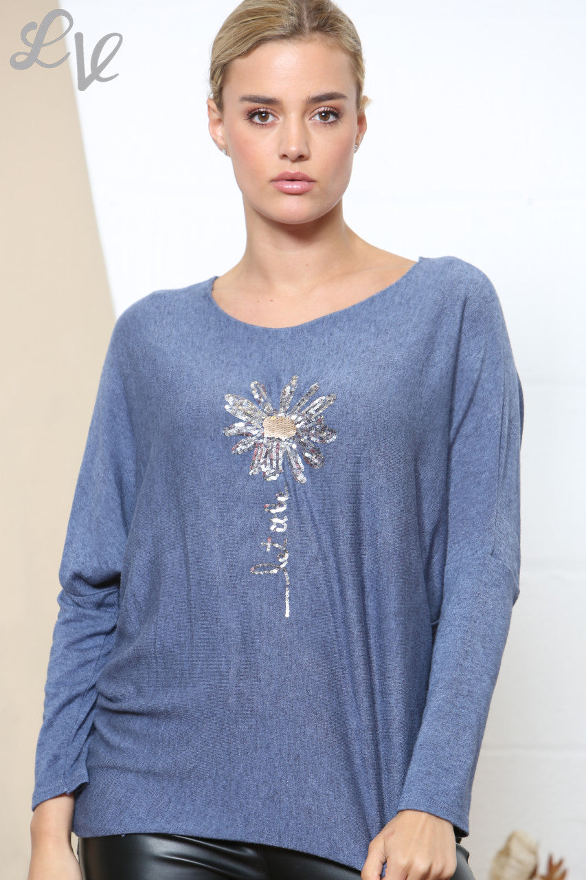 Ladies Sparkle Glitter Flower Fine Knit Jumper Top Denim