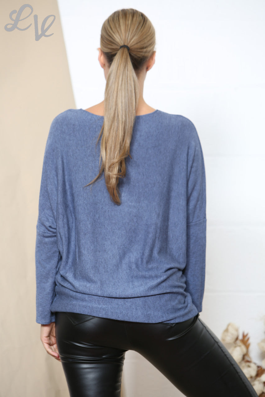 Ladies Sparkle Glitter Flower Fine Knit Jumper Top Denim