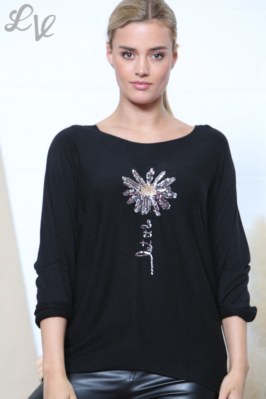 Ladies Sparkle Glitter Flower Fine Knit Jumper Top Black