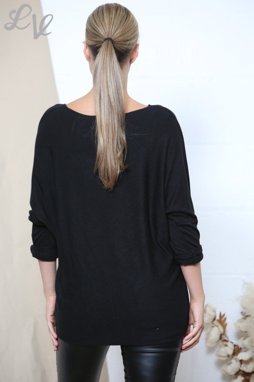 Ladies Sparkle Glitter Flower Fine Knit Jumper Top Black