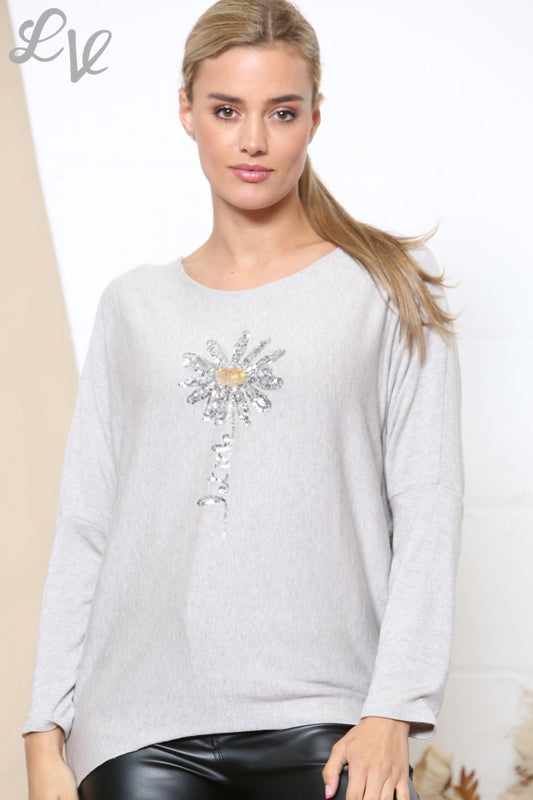 Dames Sparkle Glitter Bloemen Fijngebreide Trui Top Stone
