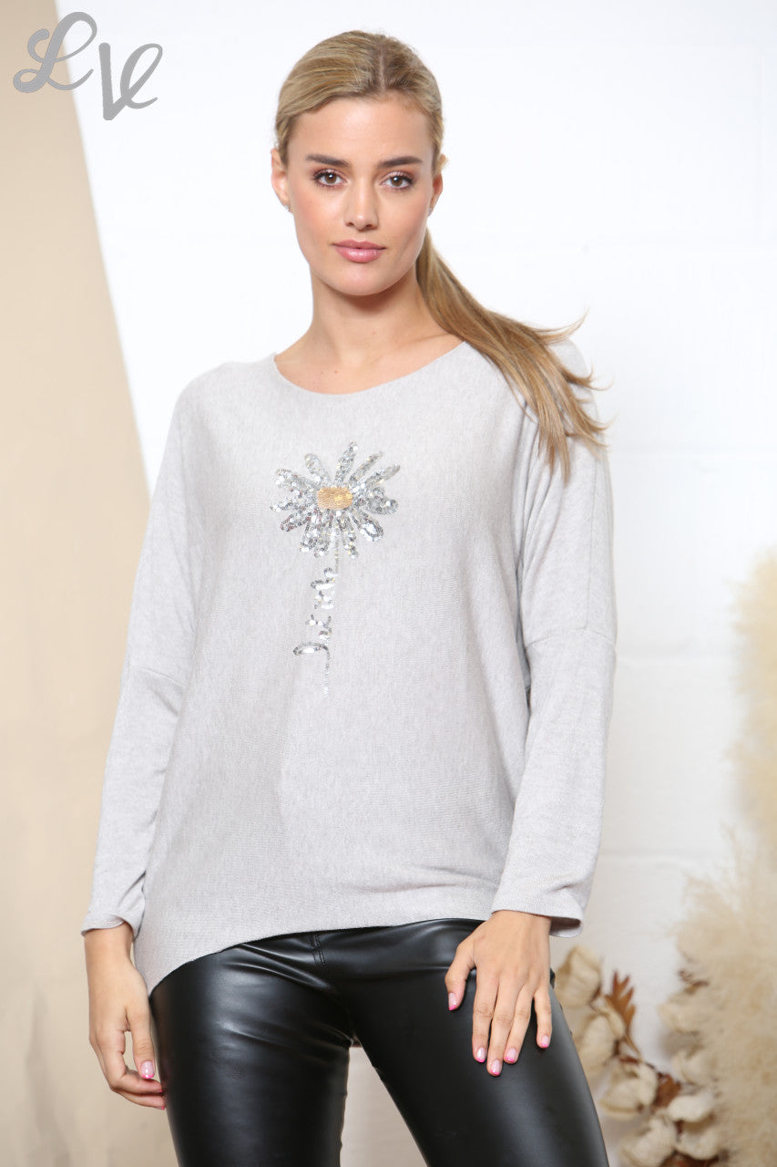 Ladies Sparkle Glitter Flower Fine Knit Jumper Top Stone