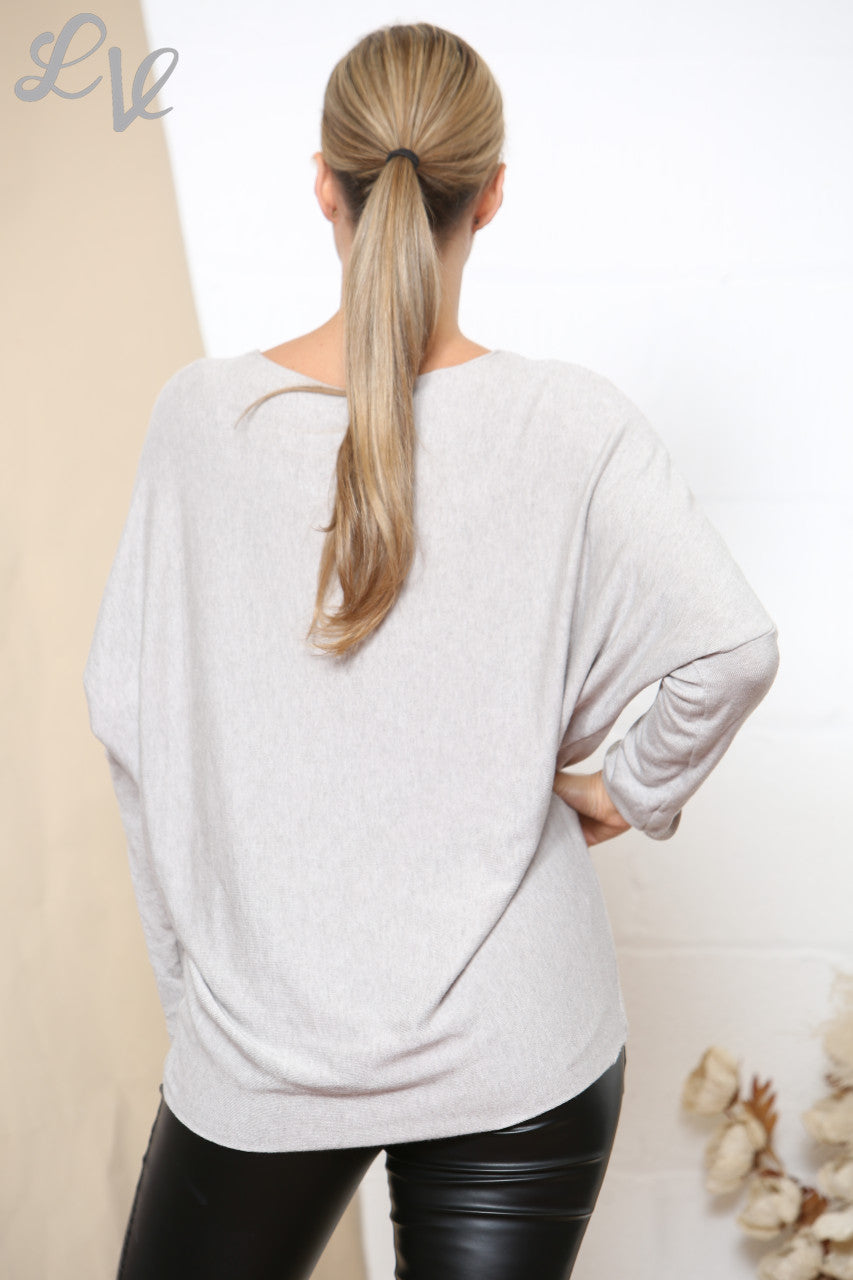Ladies Sparkle Glitter Flower Fine Knit Jumper Top Stone