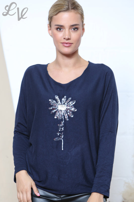 Dames Sparkle Glitter Bloemen Fijngebreide Trui Top Navy