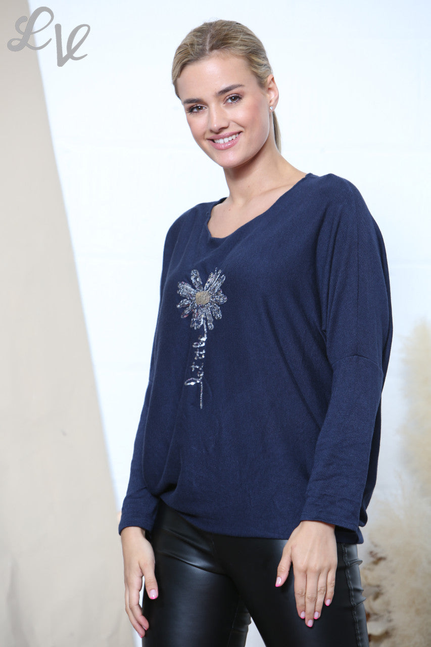Ladies Sparkle Glitter Flower Fine Knit Jumper Top Navy
