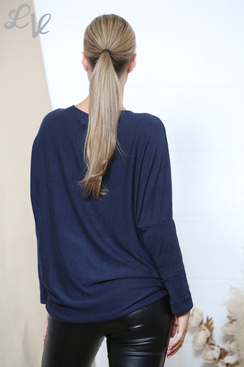 Ladies Sparkle Glitter Flower Fine Knit Jumper Top Navy