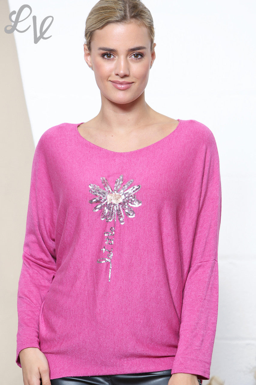 Ladies Sparkle Glitter Flower Fine Knit Jumper Top Cerise
