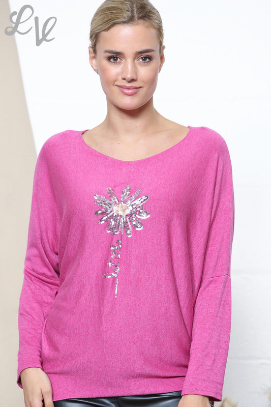 Dames Glitter Bloemen Fijne Gebreide Trui Top Cerise