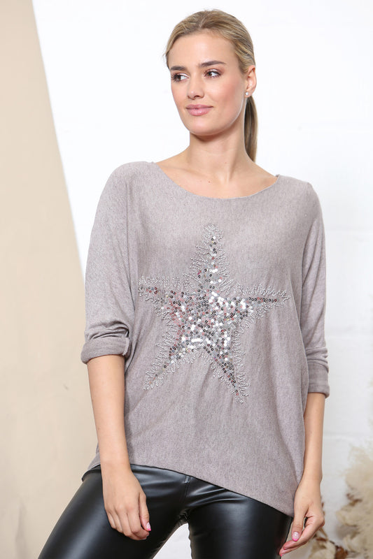 Dames Star Sparkle Fijn Gebreide Trui Top Taupe