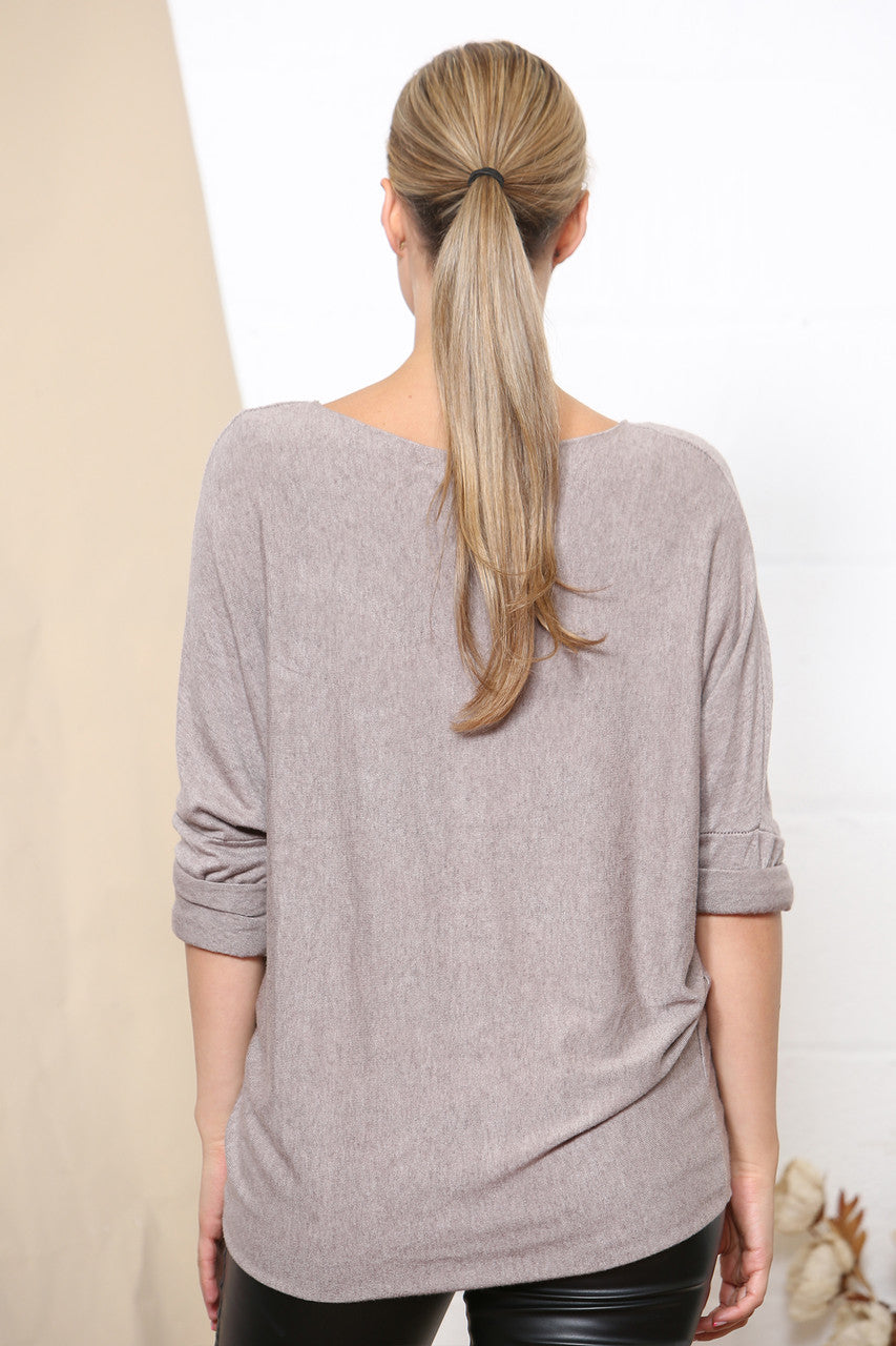 Ladies Star Sparkle Fine Knit Jumper Top Taupe