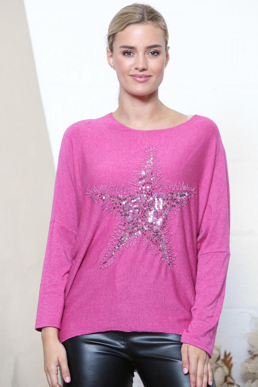 Ladies Star Sparkle Fine Knit Jumper Top Cerise