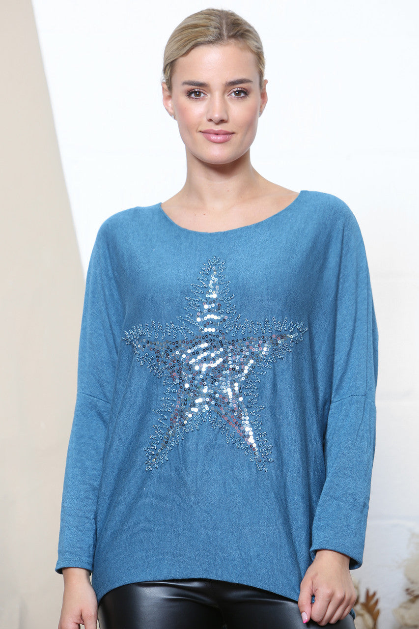 Ladies Star Sparkle Fine Knit Jumper Top Teal