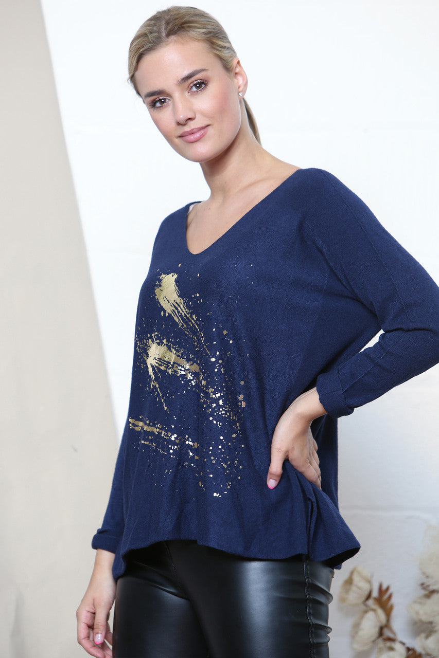 Dames Top Trui Goudfolie Vuurwerk Detail Navy