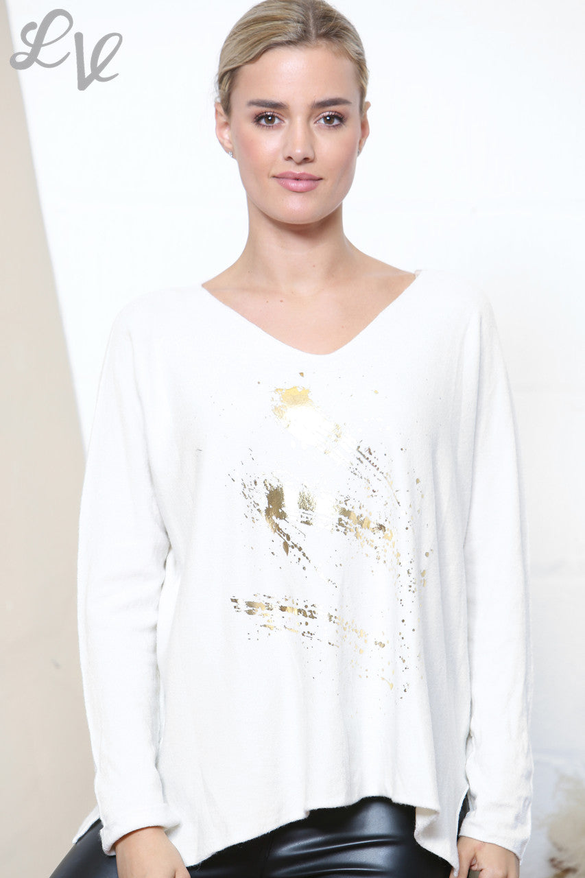 Ladies Gold Foil Fireworks Detail Jumper Top White