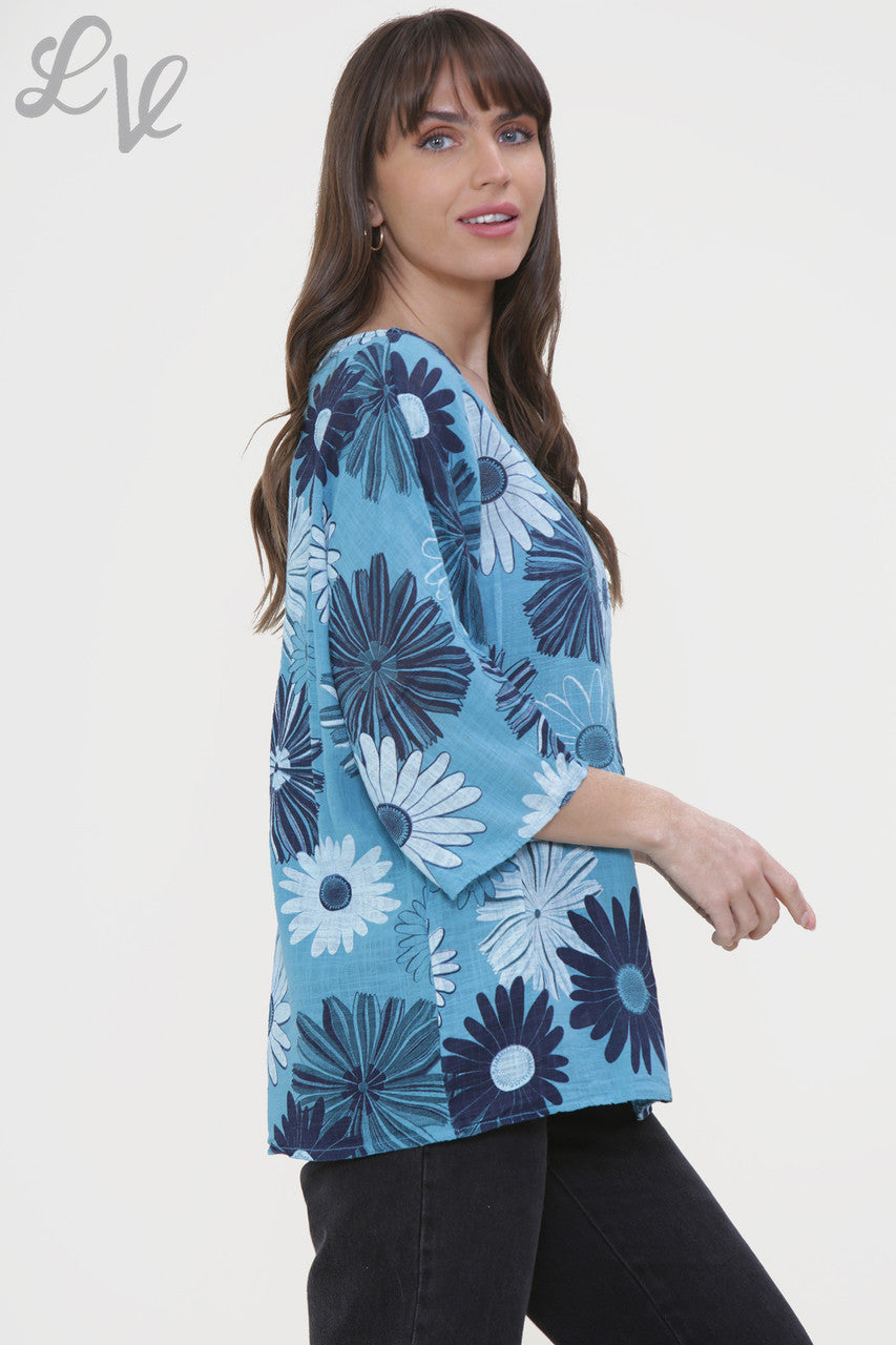 Dames Top met Bloemenmix Print Turkoois