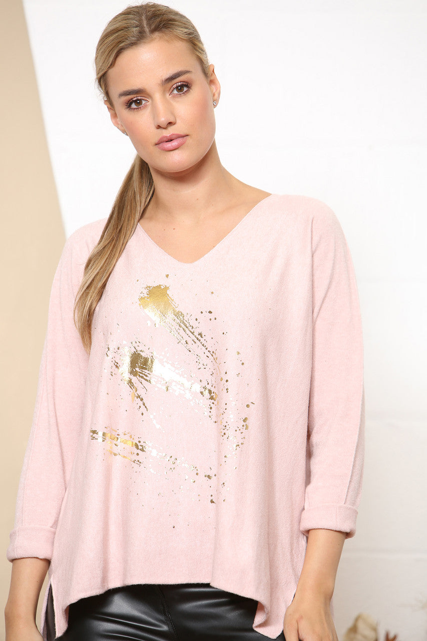 Ladies Gold Foil Fireworks Detail Jumper Top Dusty Pink