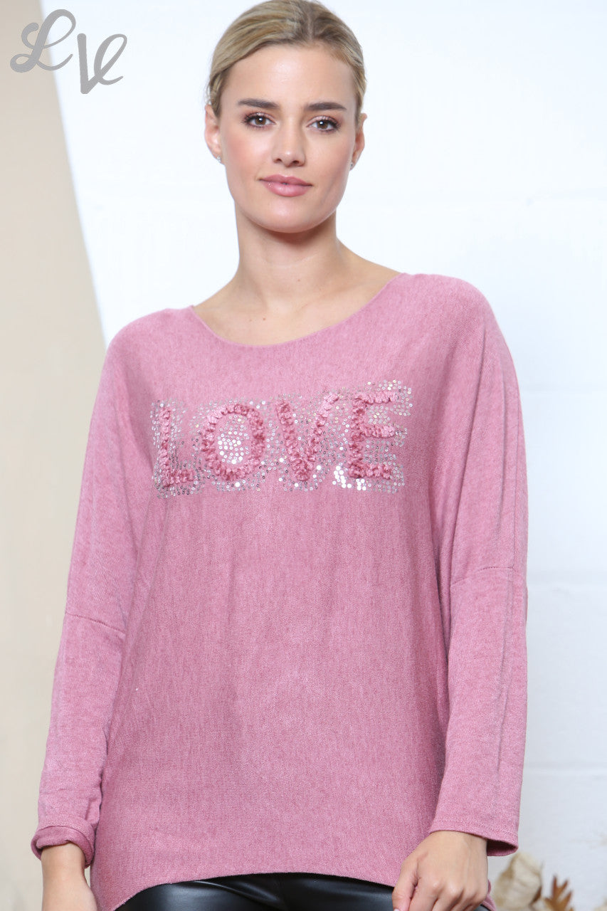 Ladies LOVE Sparkle Fine Knit Jumper Top Pink