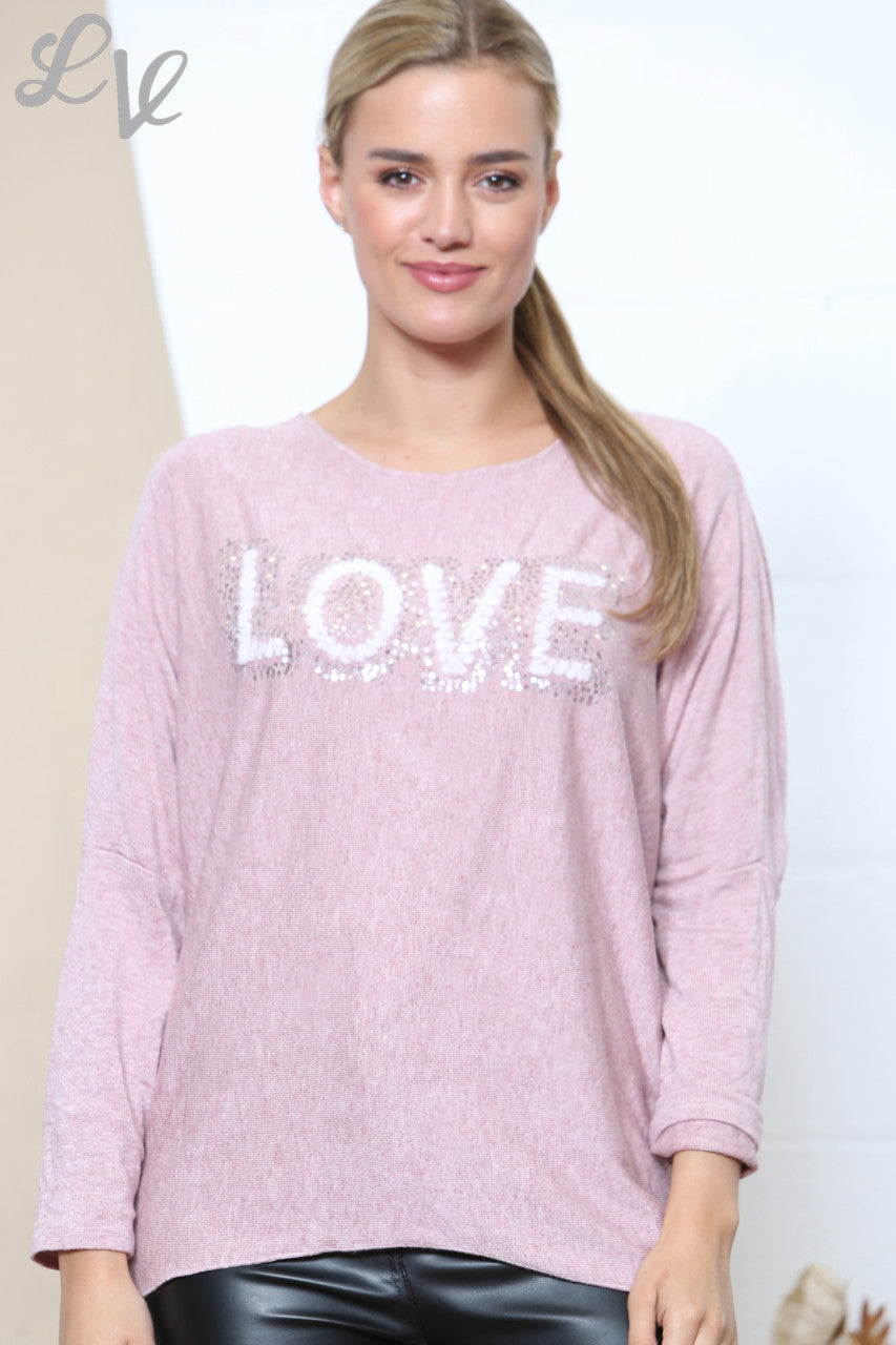 Ladies LOVE Sparkle Fine Knit Jumper Top Dusty Pink
