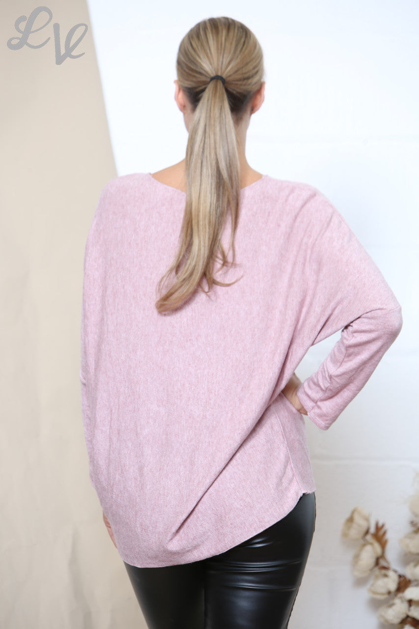 Ladies LOVE Sparkle Fine Knit Jumper Top Dusty Pink