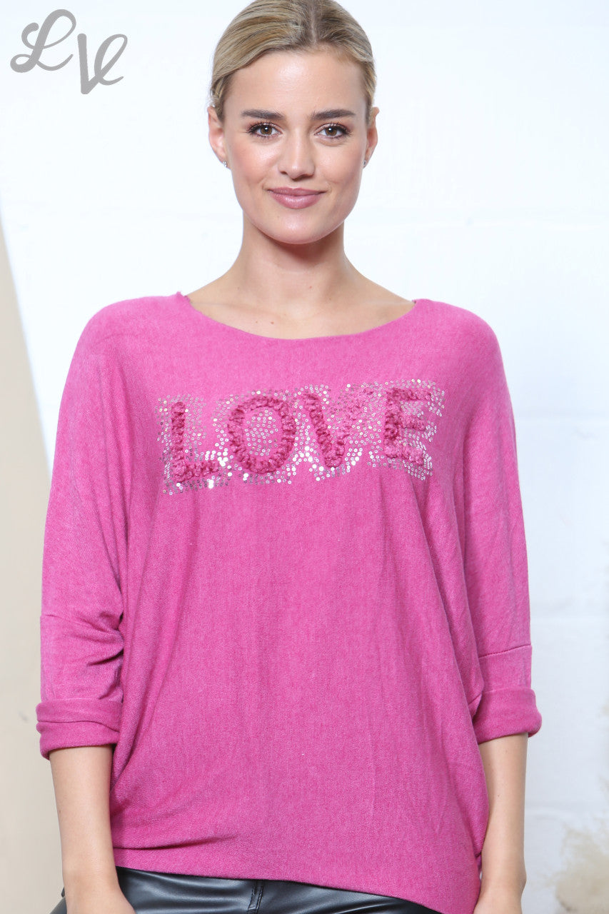 Ladies LOVE Sparkle Fine Knit Jumper Top Cerise