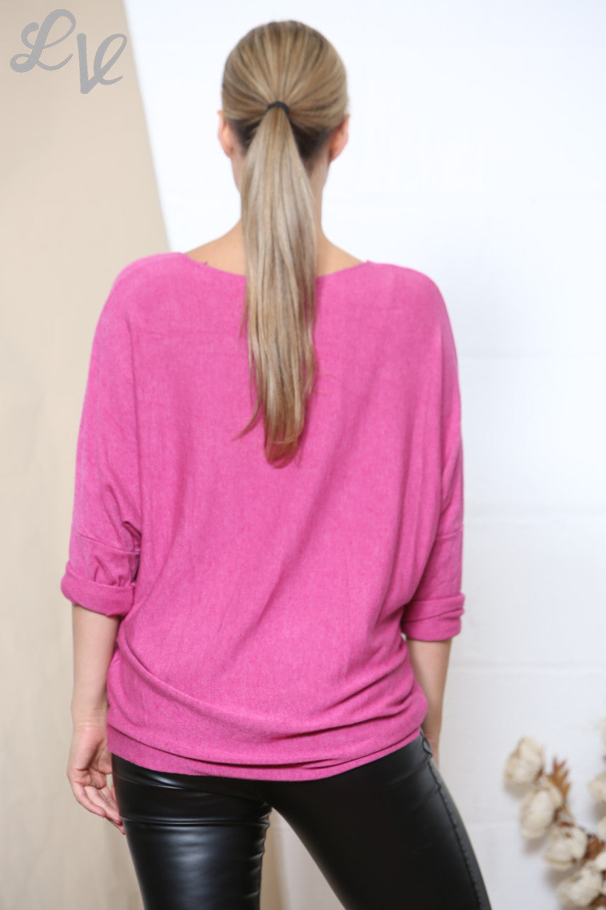 Ladies LOVE Sparkle Fine Knit Jumper Top Cerise
