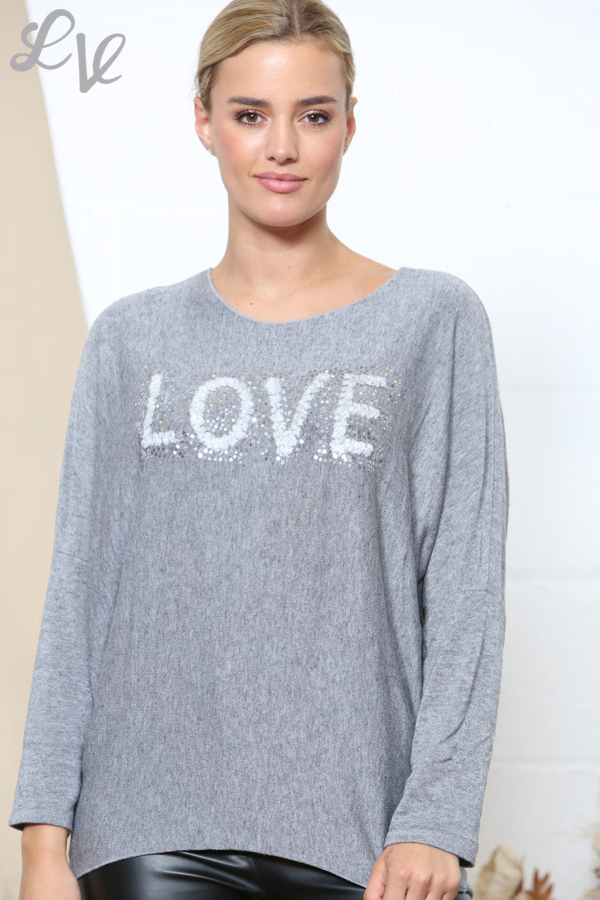 Ladies LOVE Sparkle Fine Knit Jumper Top Grey