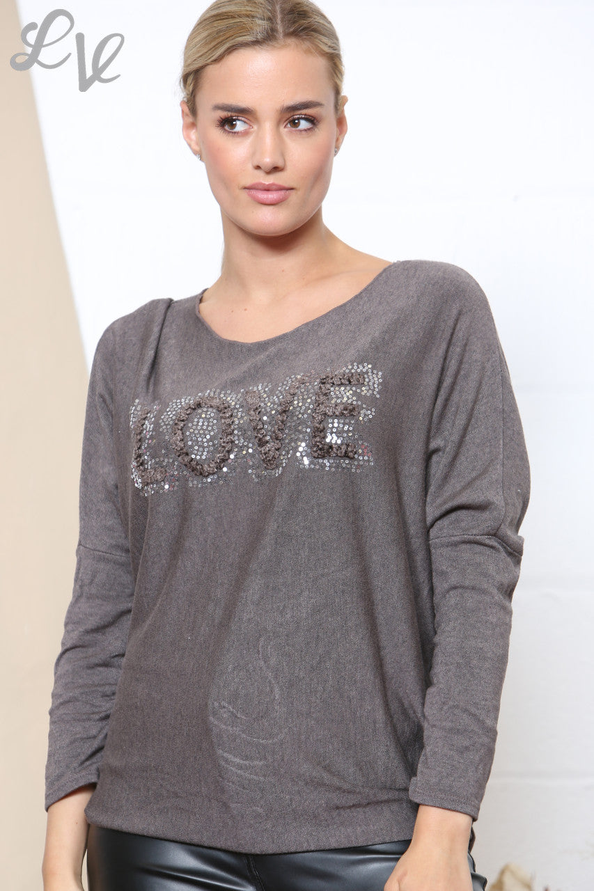 Ladies LOVE Sparkle Fine Knit Jumper Top Brown