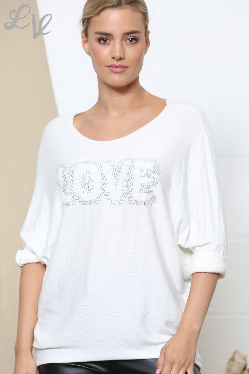 Ladies LOVE Sparkle Fine Knit Jumper Top White