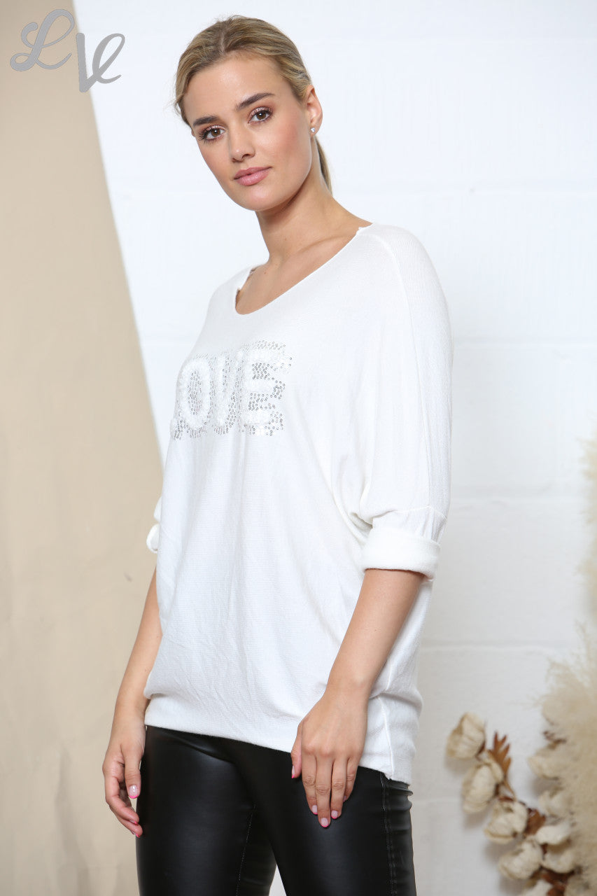 Ladies LOVE Sparkle Fine Knit Jumper Top White