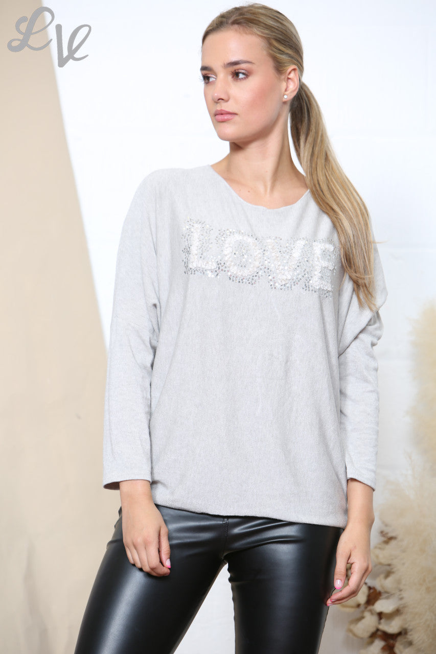 Ladies LOVE Sparkle Fine Knit Jumper Top Stone