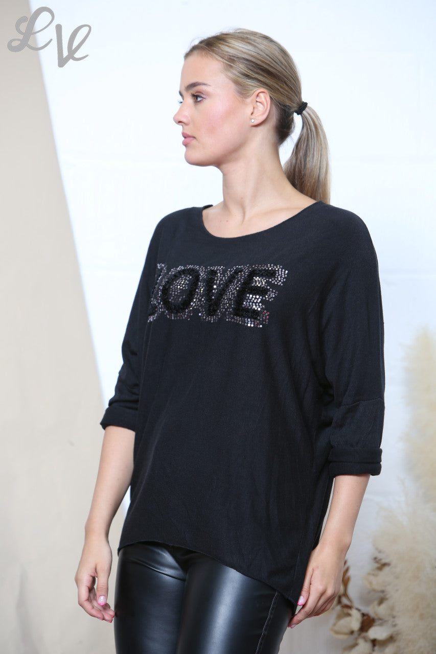 Ladies LOVE Sparkle Fine Knit Jumper Top Black