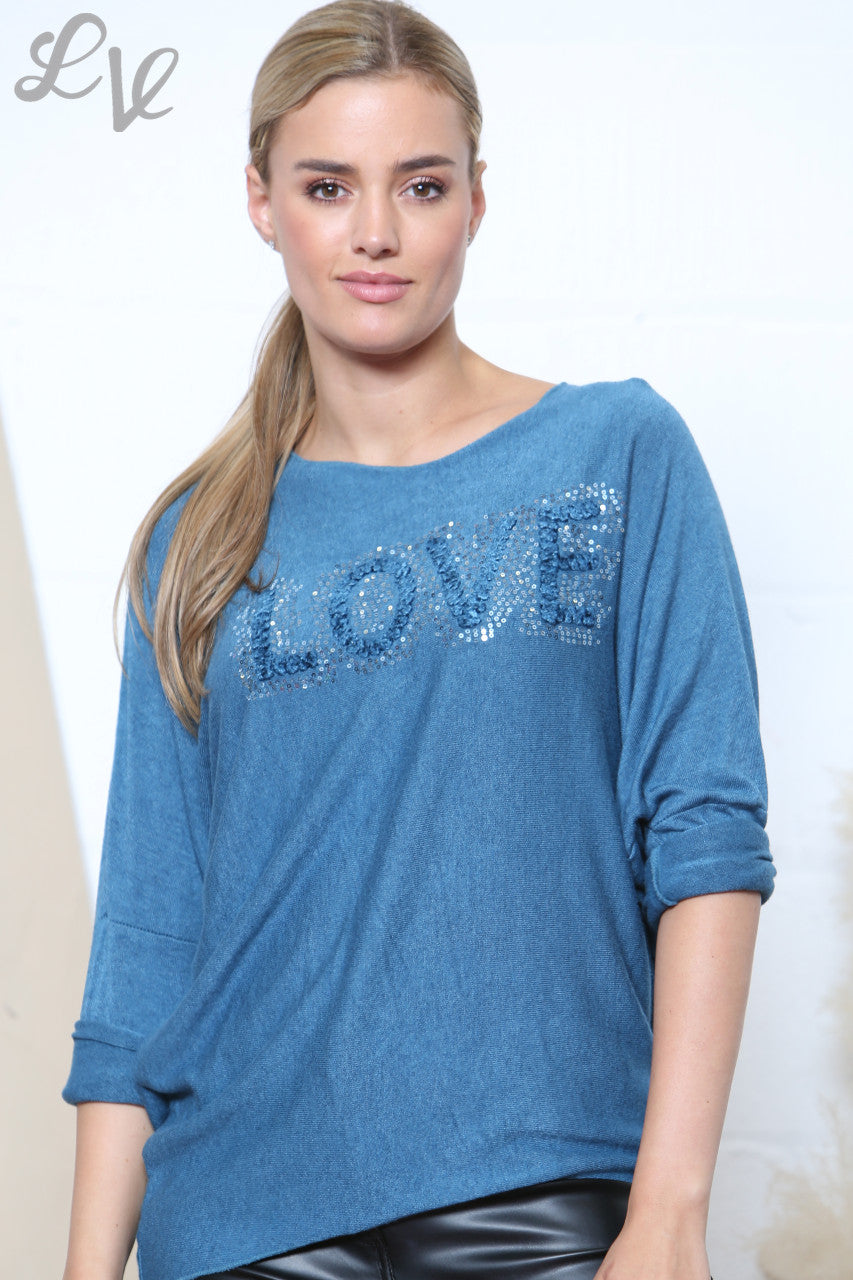 Ladies LOVE Sparkle Fine Knit Jumper Top Teal
